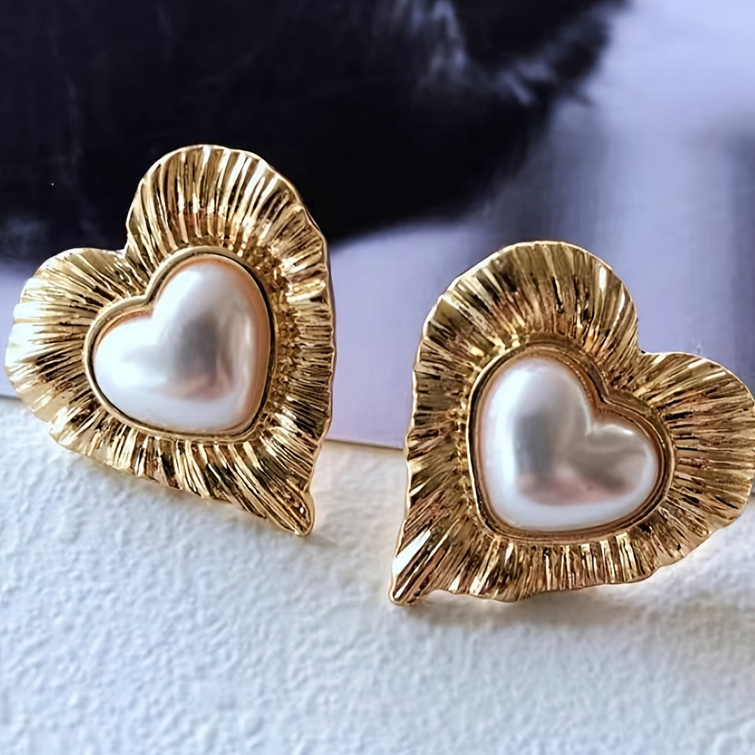 Vintage Gold Plated Faux Pearl Inlay Heart Shaped Stud Earrings