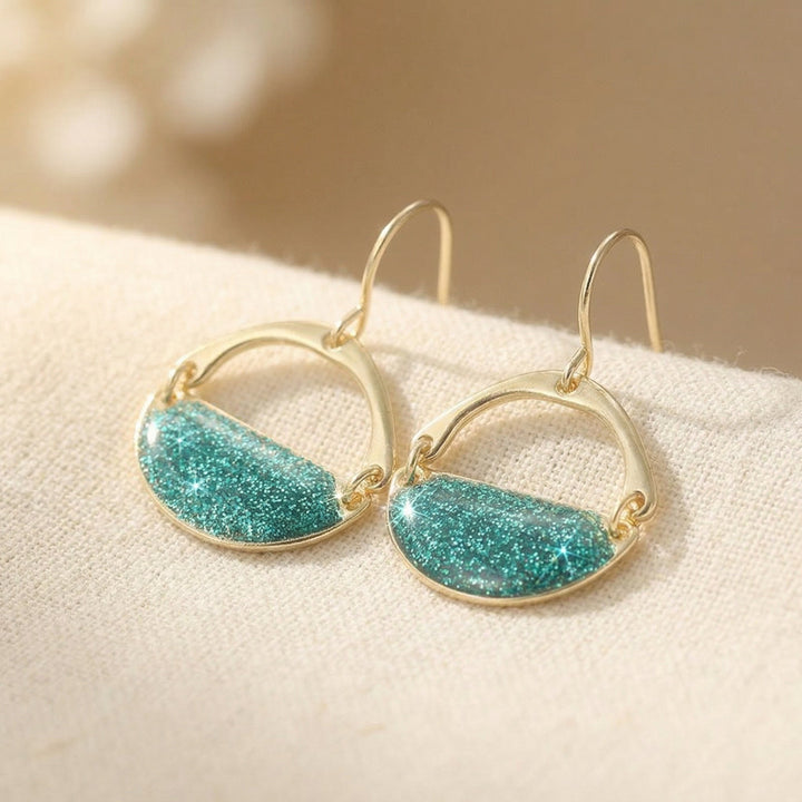 Geometric Green Crescent Moon Drop Earrings