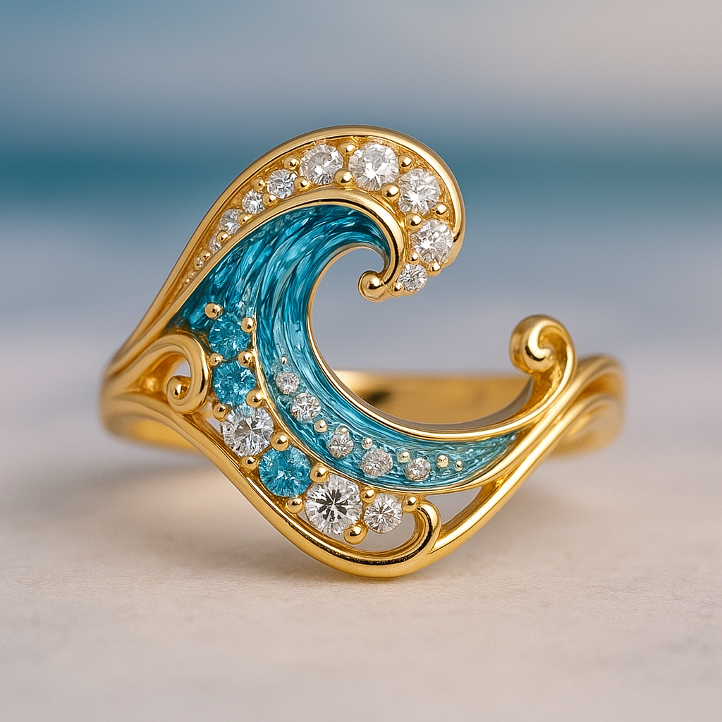 Oceaangolf goudkleurige ring met blauwe kristalaccenten