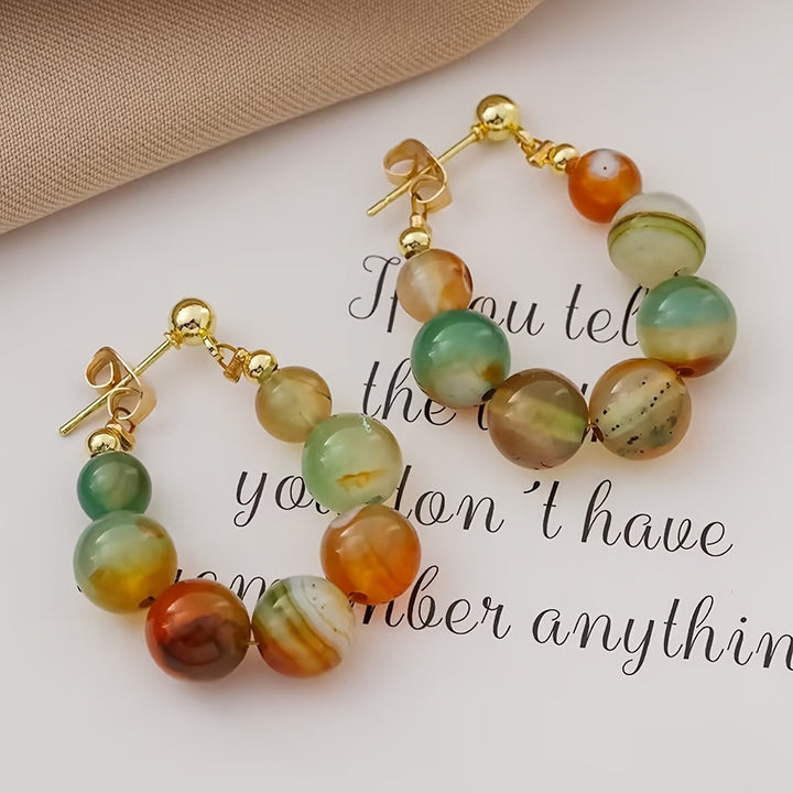 Boho Natural Stone Beaded Gold Plated Hoop Earrings