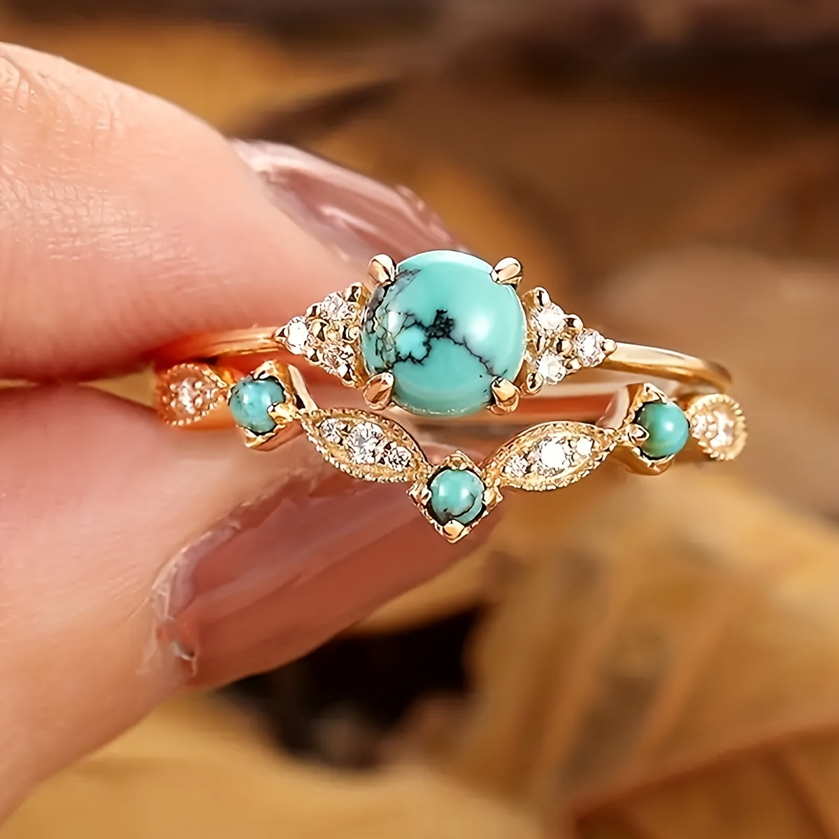 Elegante vintage vergulde statement ring met turkoois