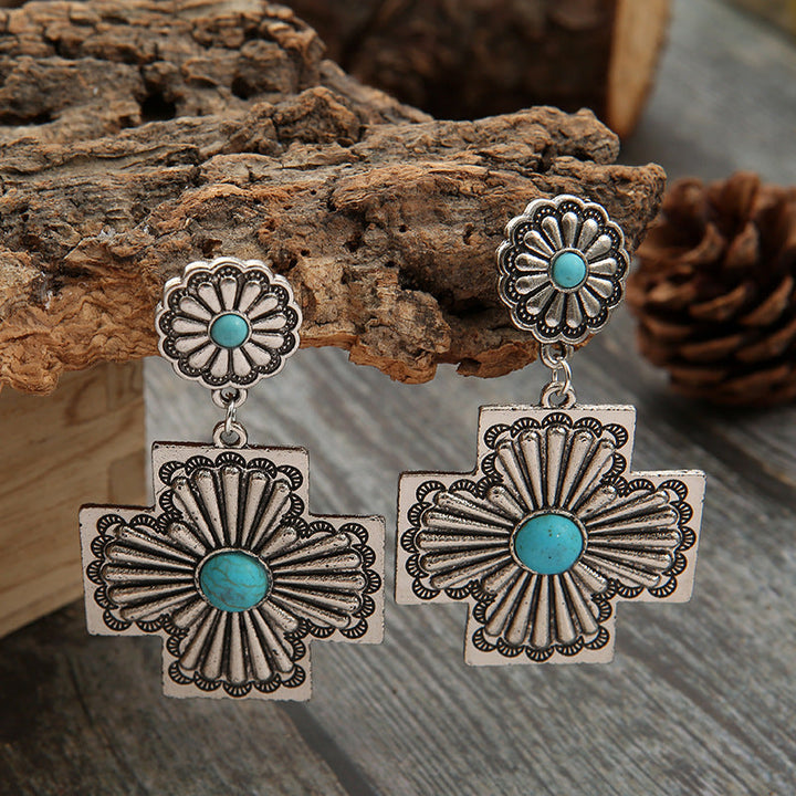 Retro Floral Design Turquoise Cross Carved Metal Earrings