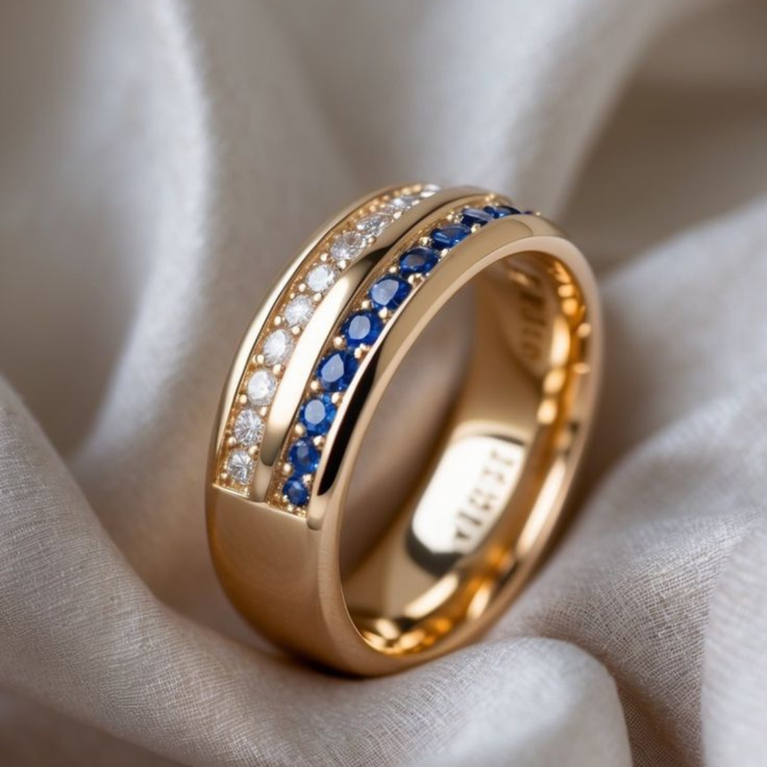 Elegante vergulde ring met dubbele rij blauwe kristallen