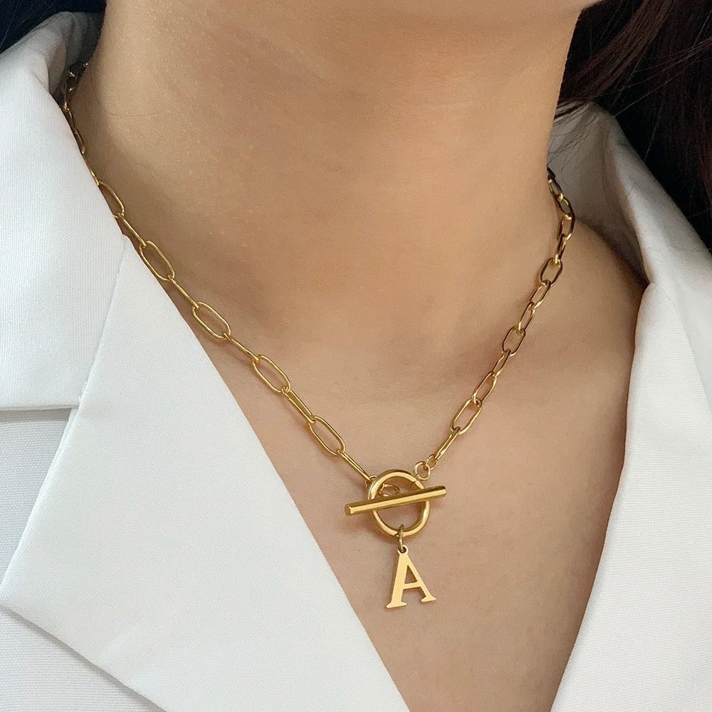Paperclip Initial Necklace with Circle Toggle Clasp