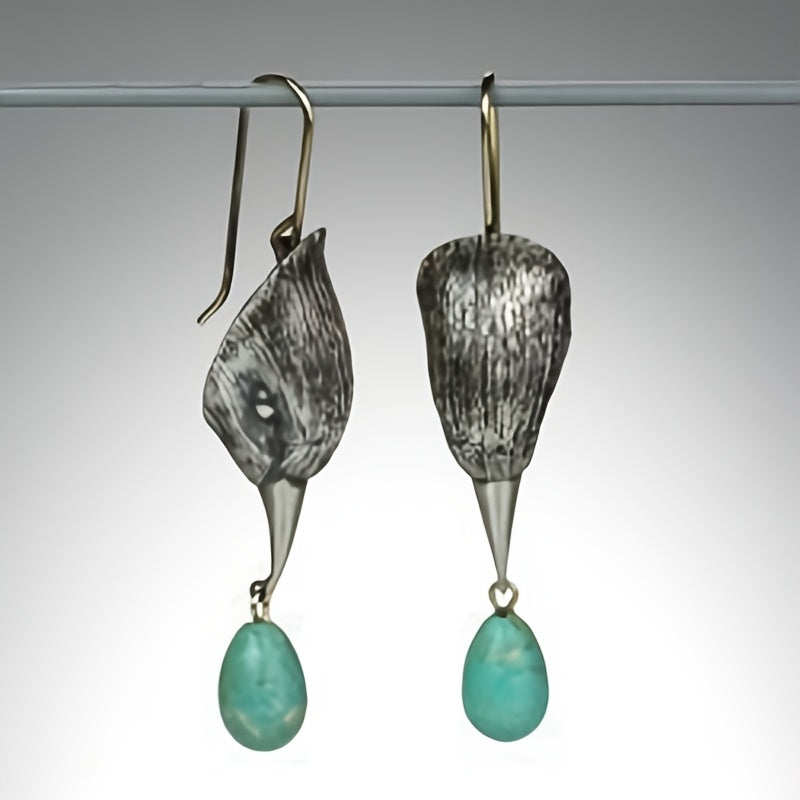 Vintage Silver Tone Geometric Irregular Shape Turquoise Drop Earrings