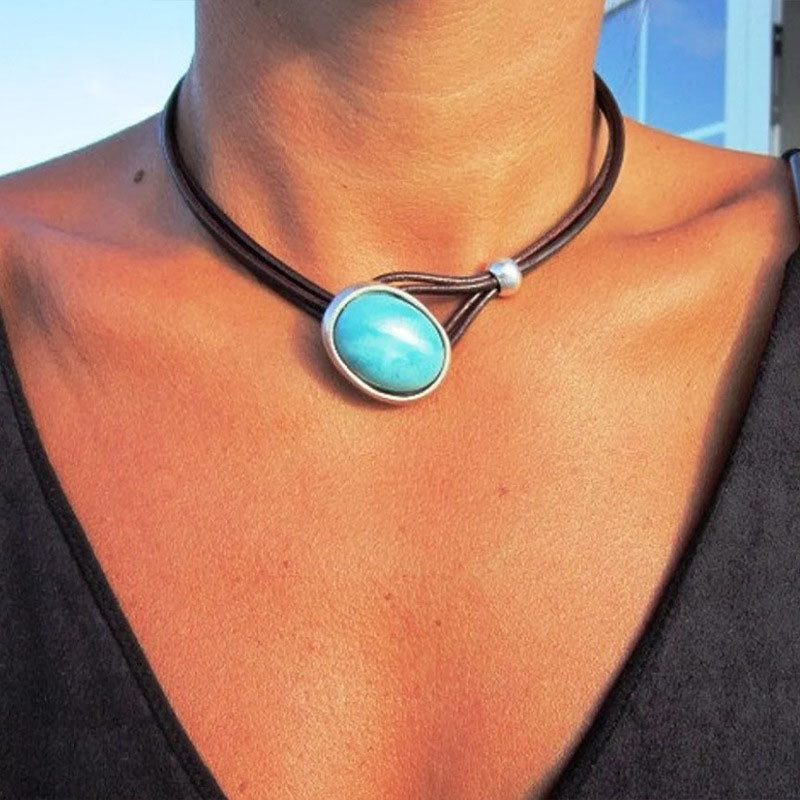 Vintage turkooizen ketting met leren koord