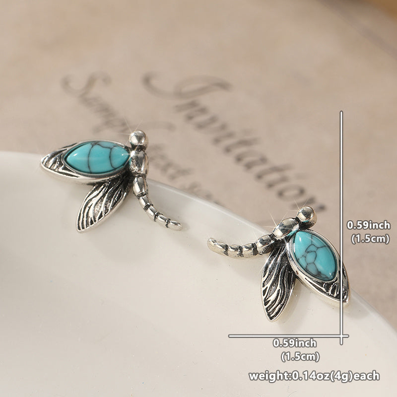 Vintage Turquoise Dragonfly Silver Plated Stud Earrings