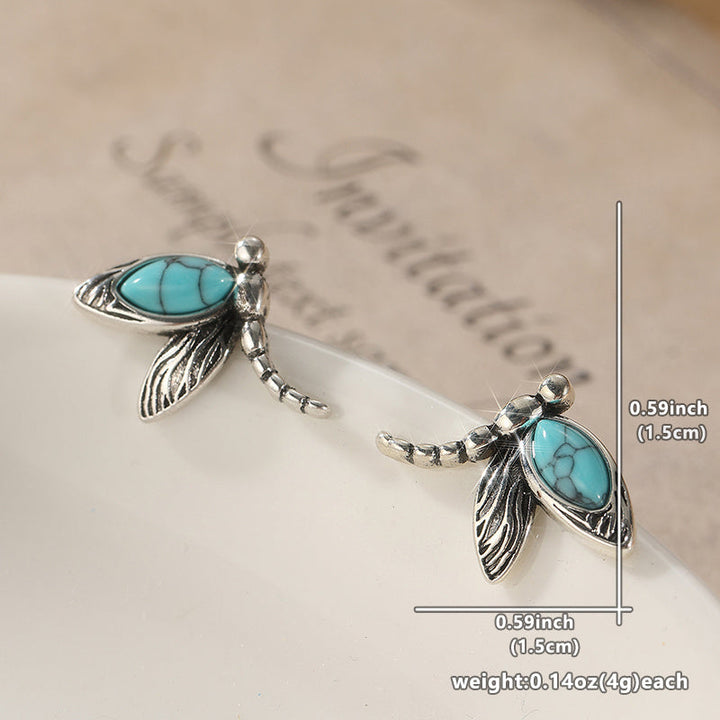 Vintage Turquoise Dragonfly Silver Plated Stud Earrings