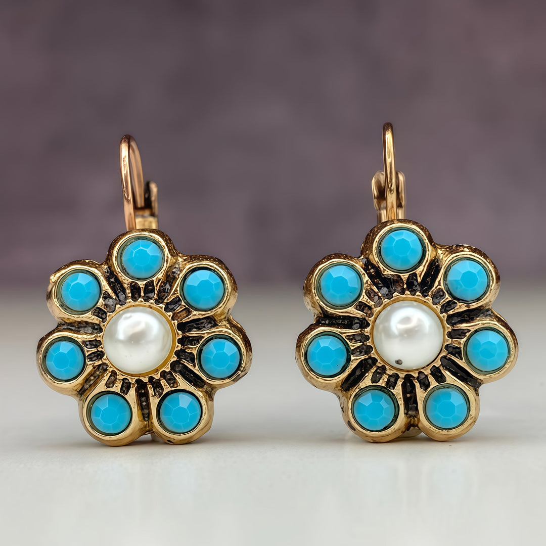 Vintage Style Turquoise And Pearls Flower Earrings