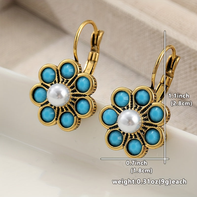 Vintage Style Turquoise And Pearls Flower Earrings