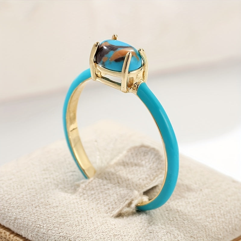 Vintage vergulde ring met geëmailleerd geometrisch ovaal turkoois