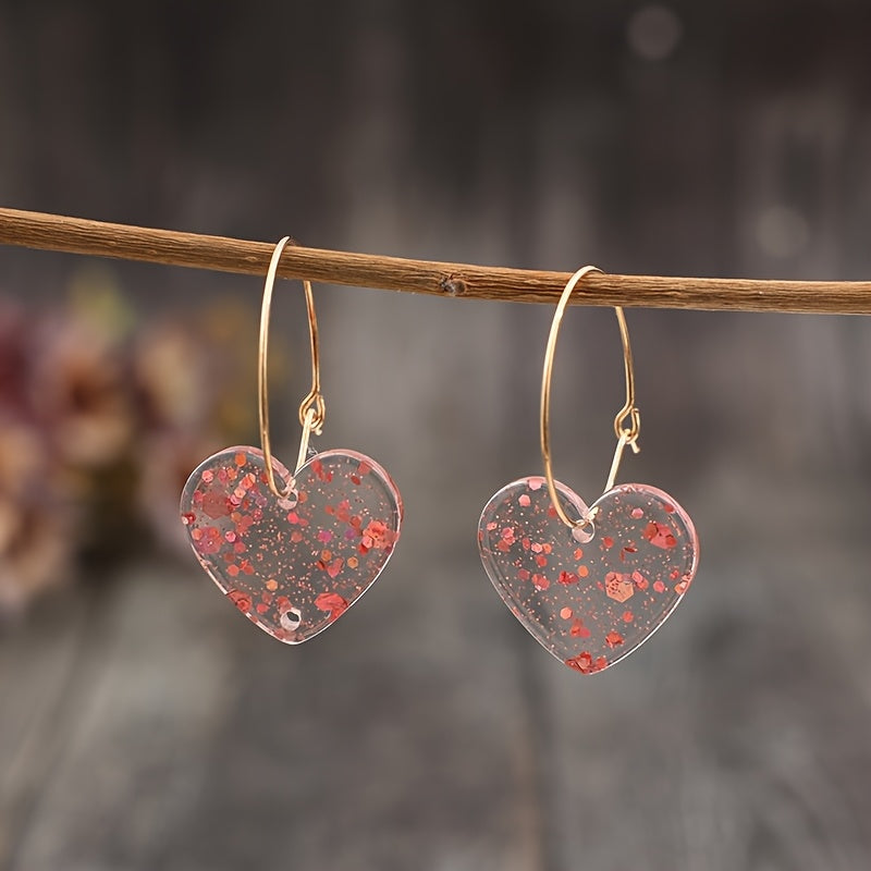 Vintage Style Resin Glitter Heart Pendant Earrings