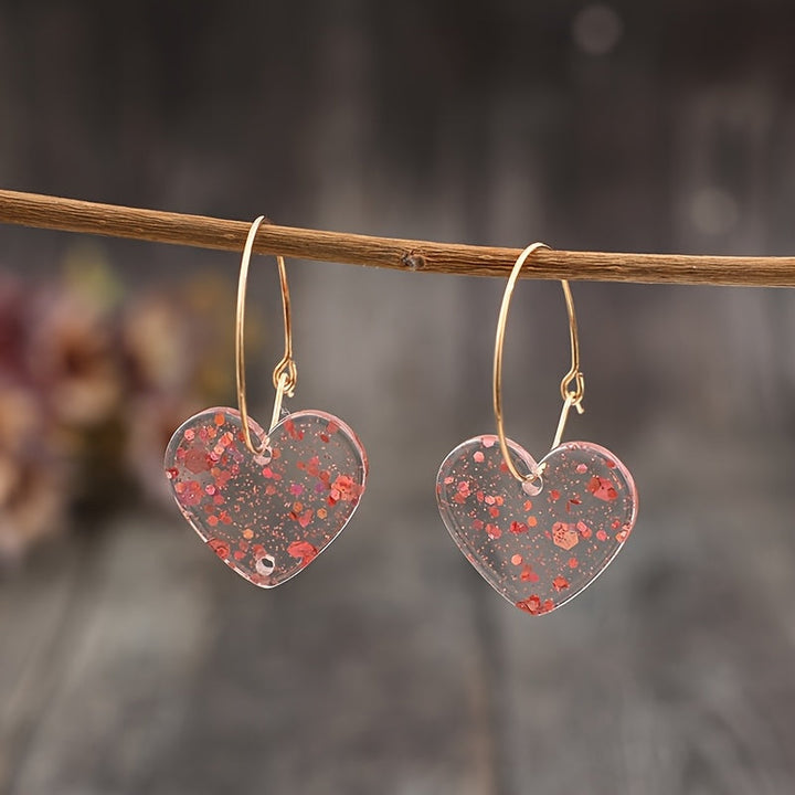 Vintage Style Resin Glitter Heart Pendant Earrings