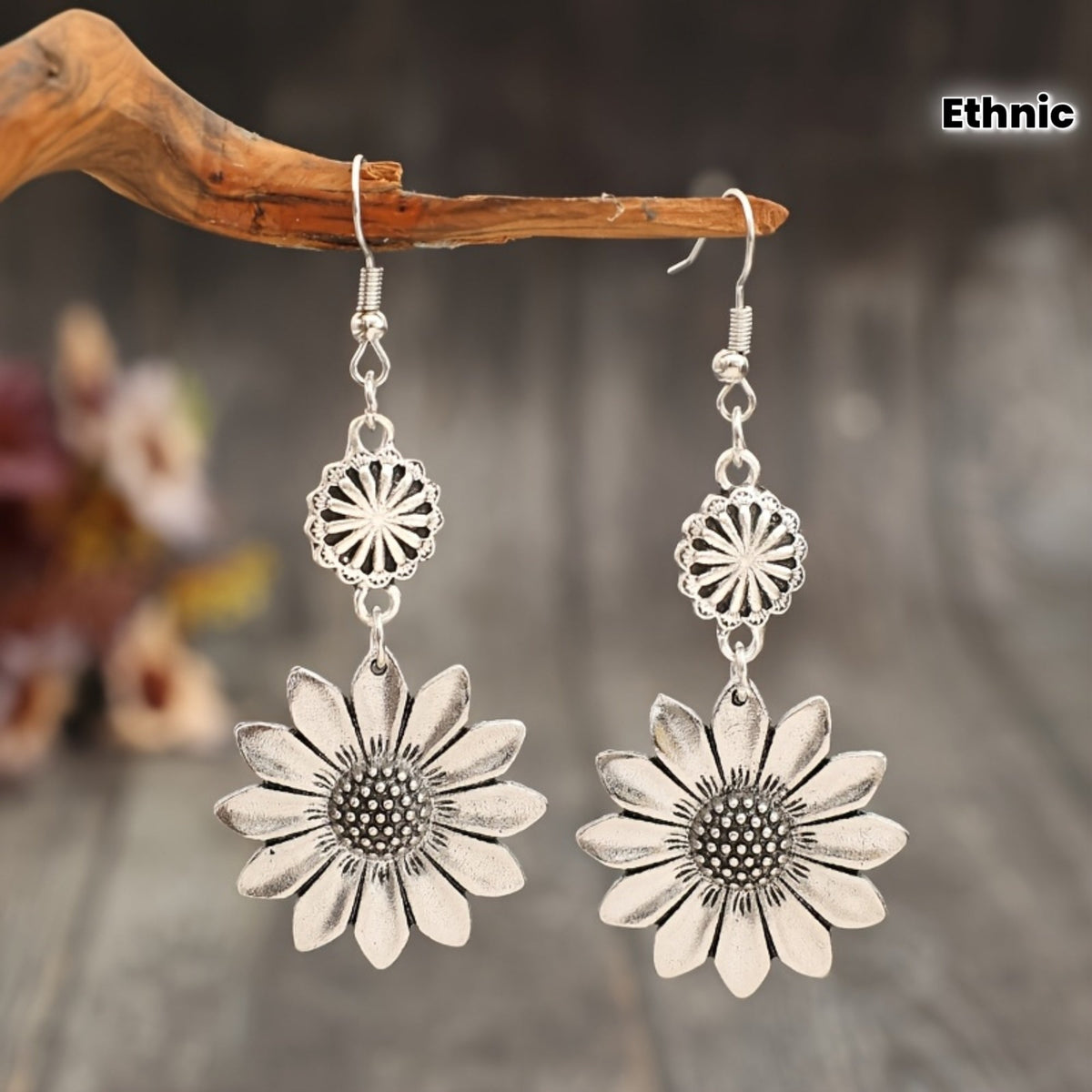 Vintage bohemien zonnebloem oorhangers