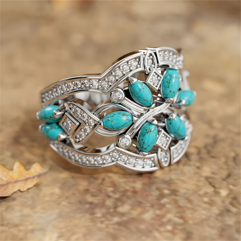 Bohemian Retro Art Turquoise & Crystal Statement Ring