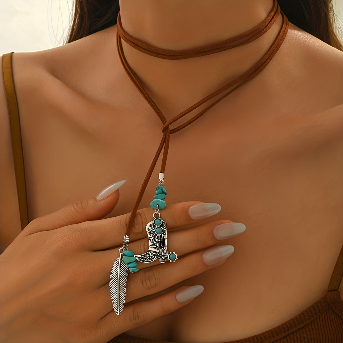 Vintage bohemien gelaagde ketting met turkooizen verenhanger