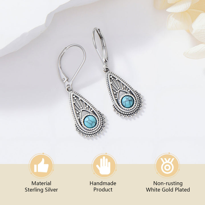 Bohemian Silver Plated Filigree Teardrop Turquoise Dangle Earrings