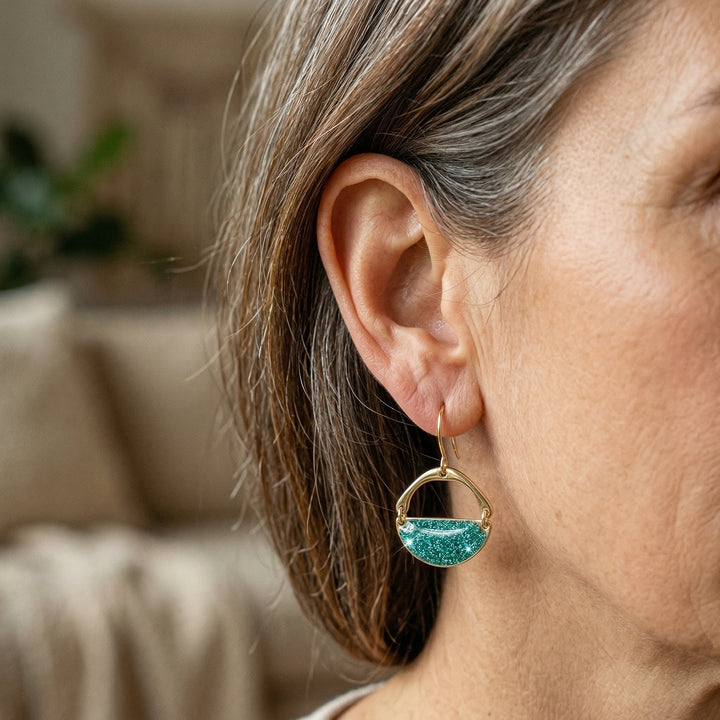 Geometric Green Crescent Moon Drop Earrings