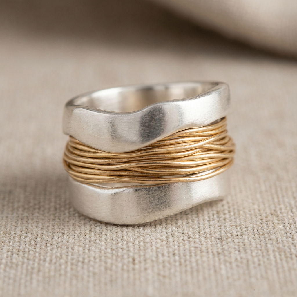 Zilverkleurige ring met goudkleurige draden