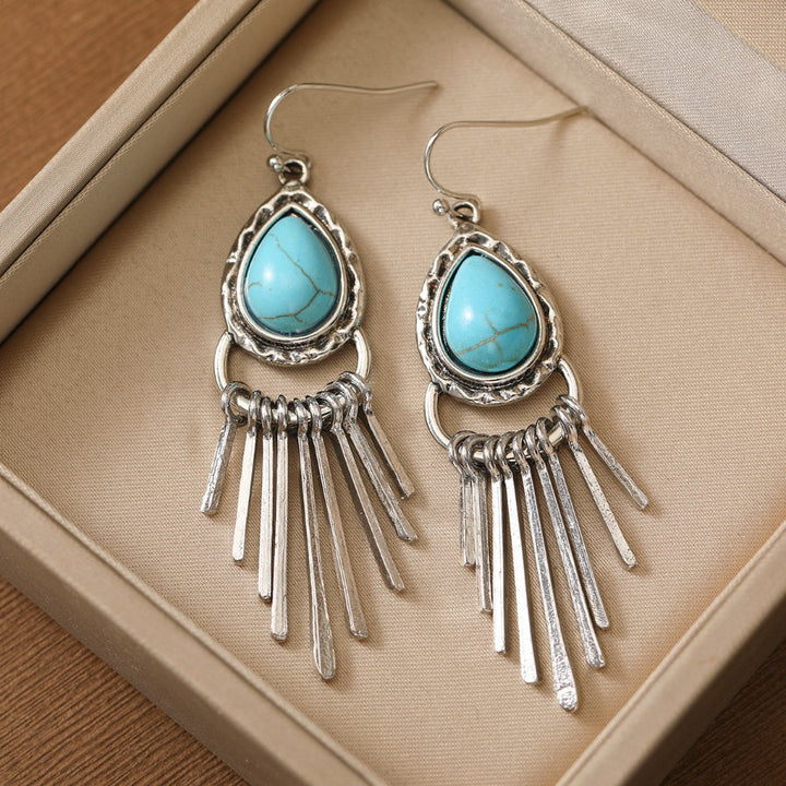 Vintage Bohemian Zinc Alloy Tassel Design Turquoise Long Earrings