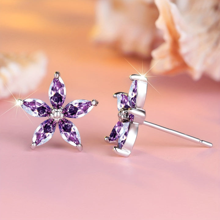 Elegant Purple Zirconia Flower Stud Earrings