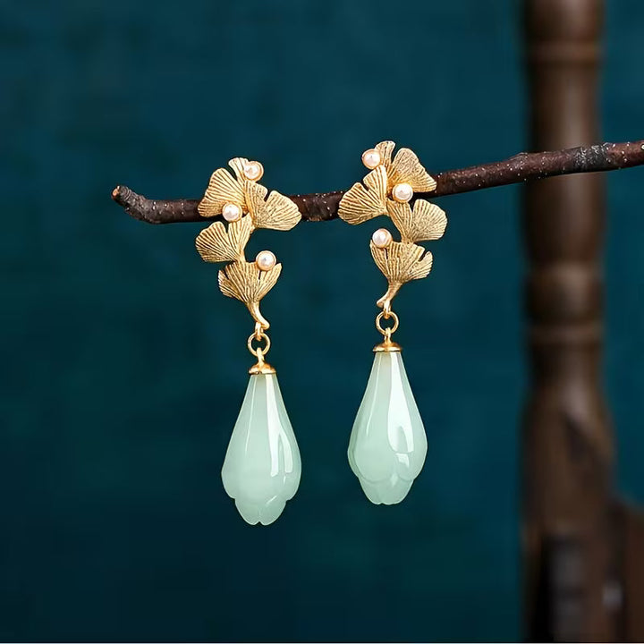 Gold Ginkgo Leaf Jade Teardrop Vintage Dangle Earrings