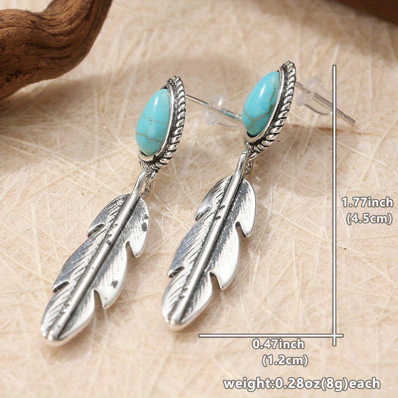 Retro Tribal Turquoise Feather Drop Earrings