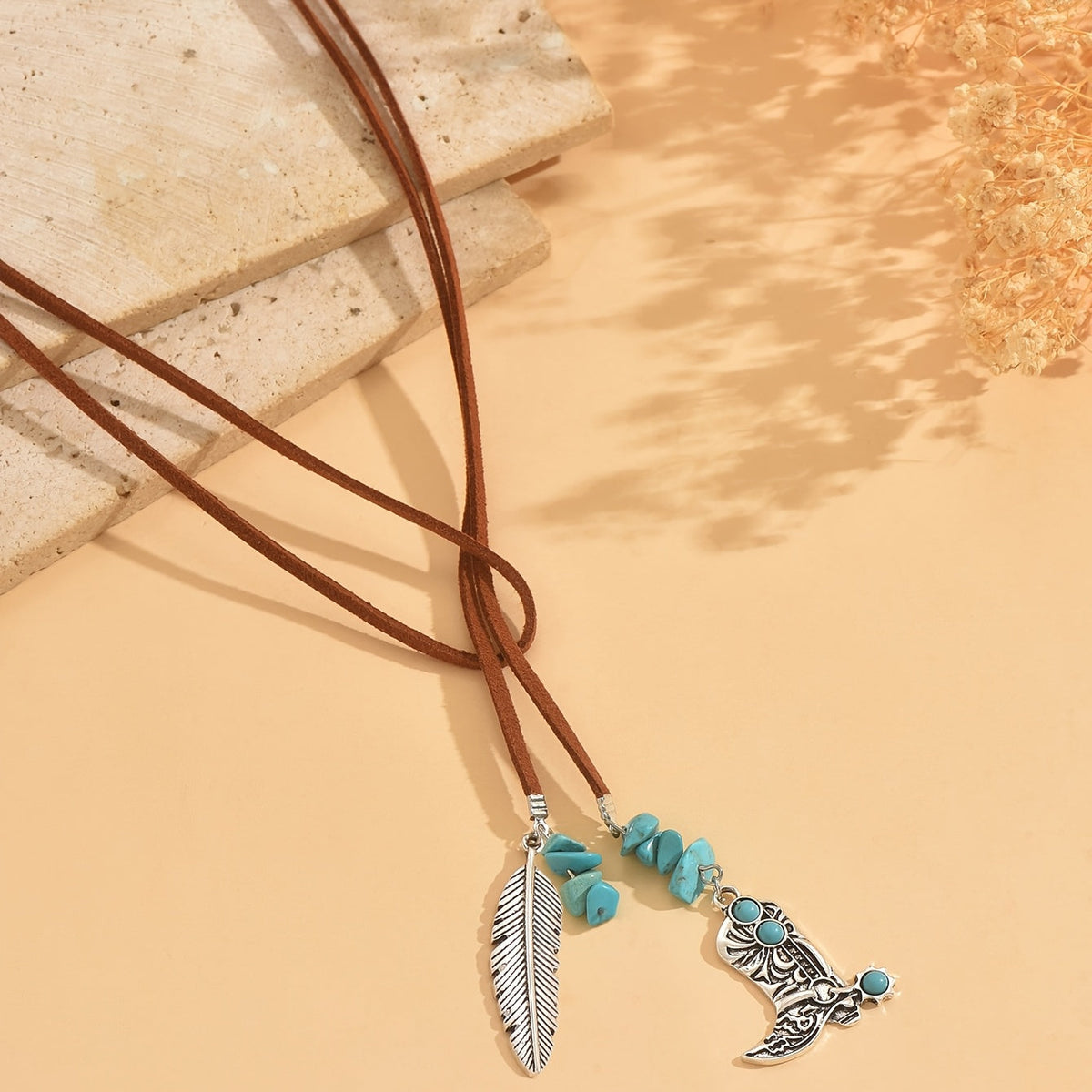 Vintage bohemien gelaagde ketting met turkooizen verenhanger