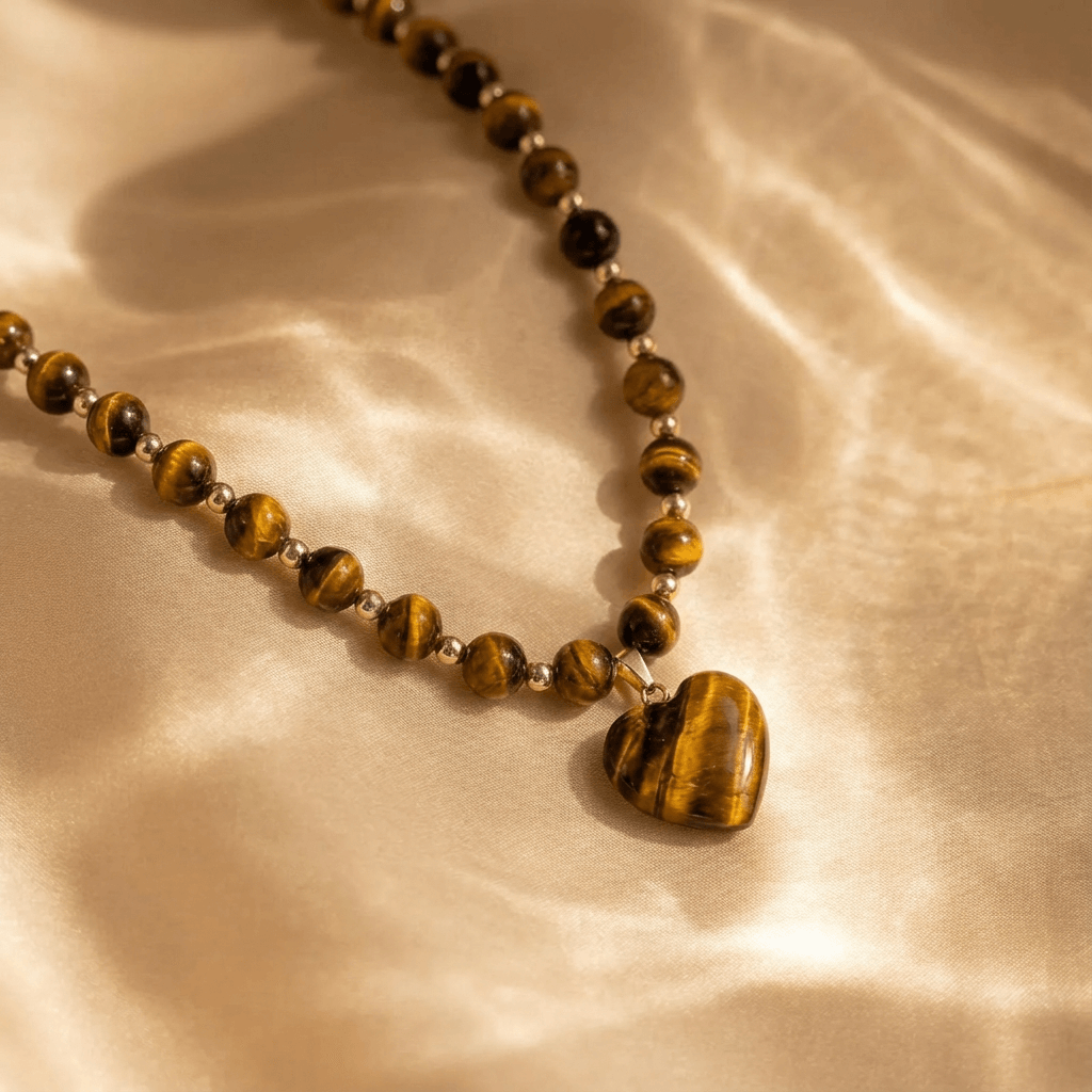 Elegant Tiger Eye Beaded Heart Pendant Necklace