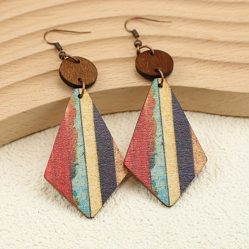 Bohemien stijl gestreepte houten inleg oorhangers