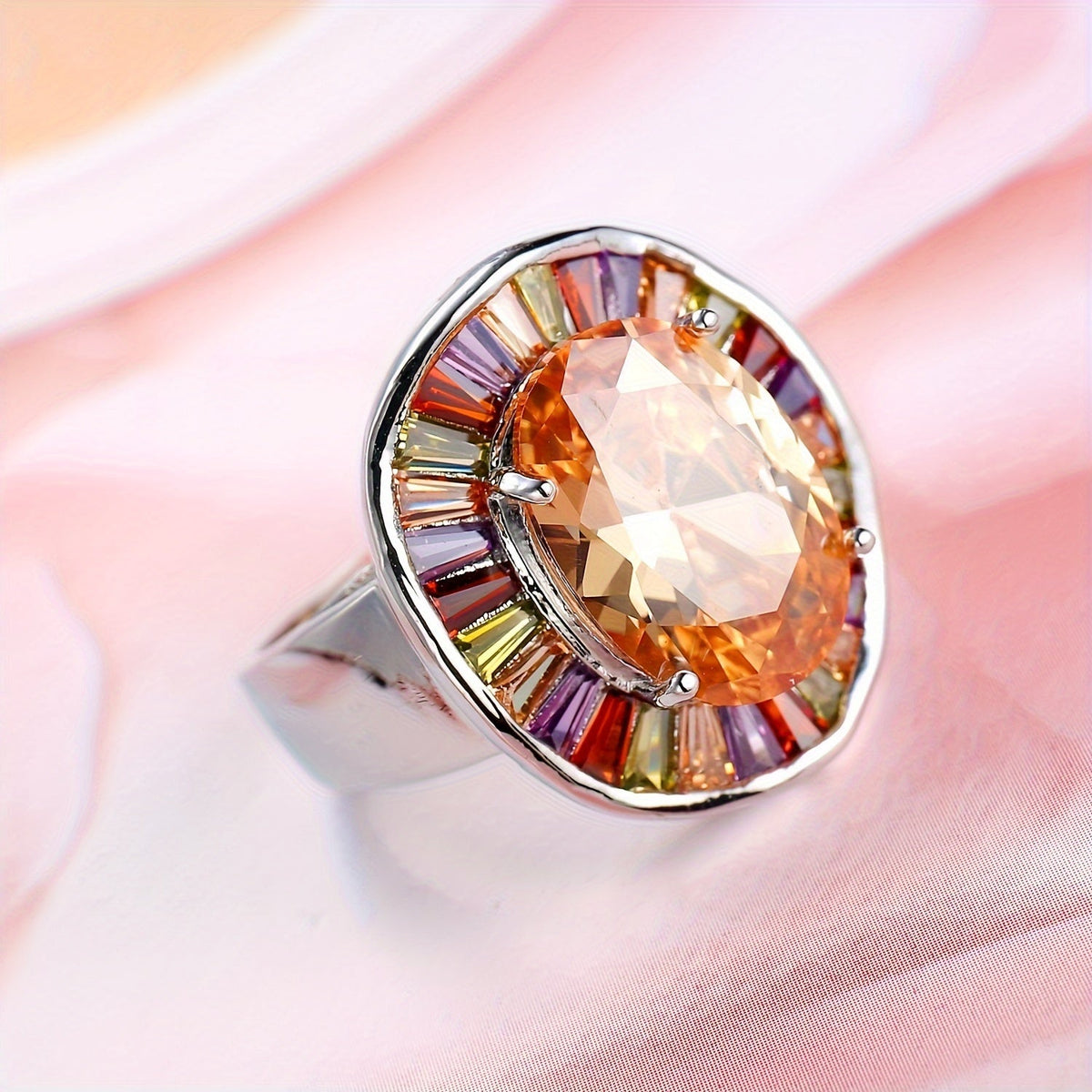 Romantische ovale ring met champagnekleurige zirkoonstenen