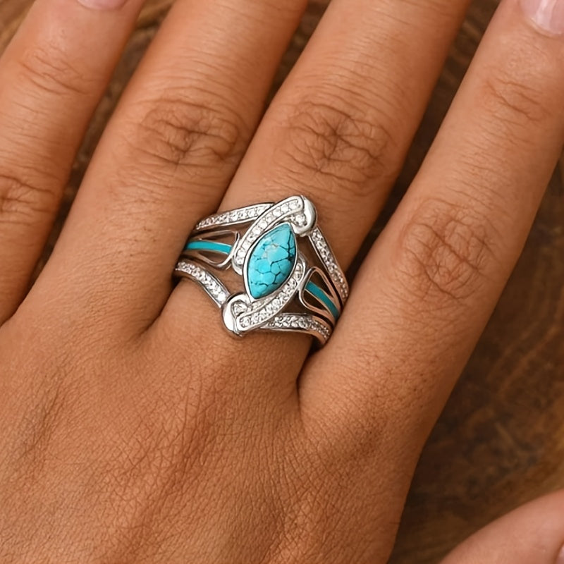 Elegante bohemien witgoud vergulde turkooizen ring