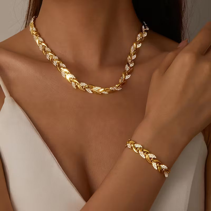Goudkleurige blad schakelketting & armband set