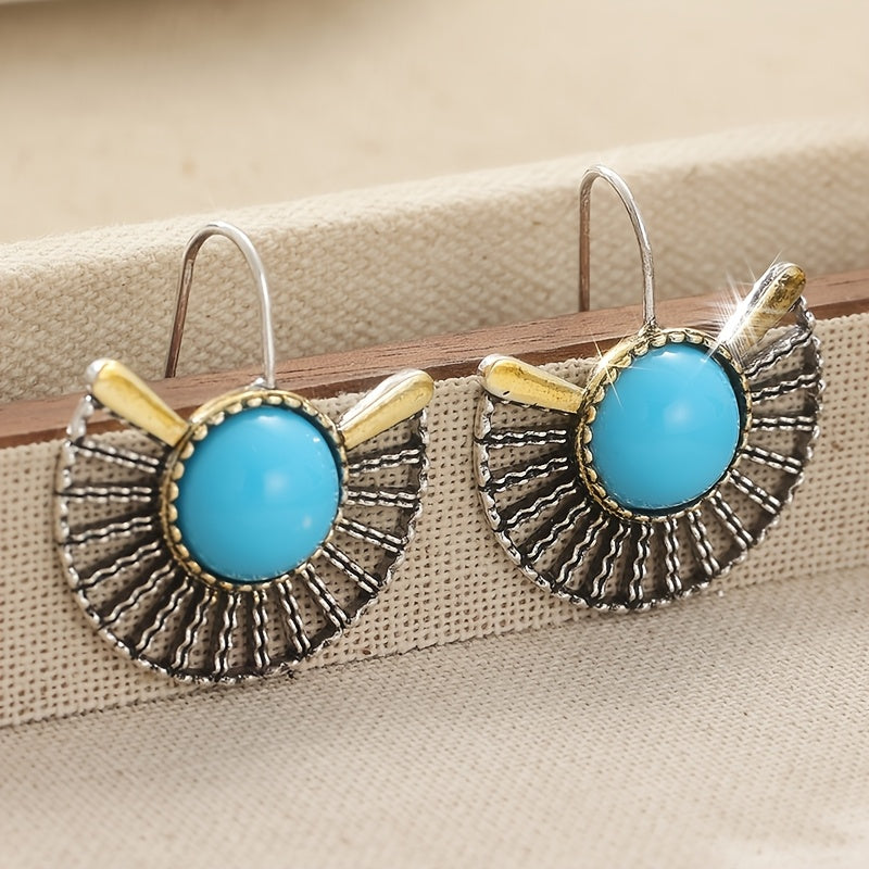 Bohemian Turquoise Gold Plated Fan Shape Hollow Hook Earrings