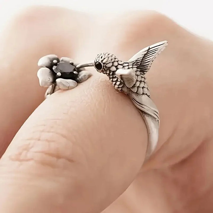 Vintage Adjustable Silver Plated Hummingbird & Flower Open Ring