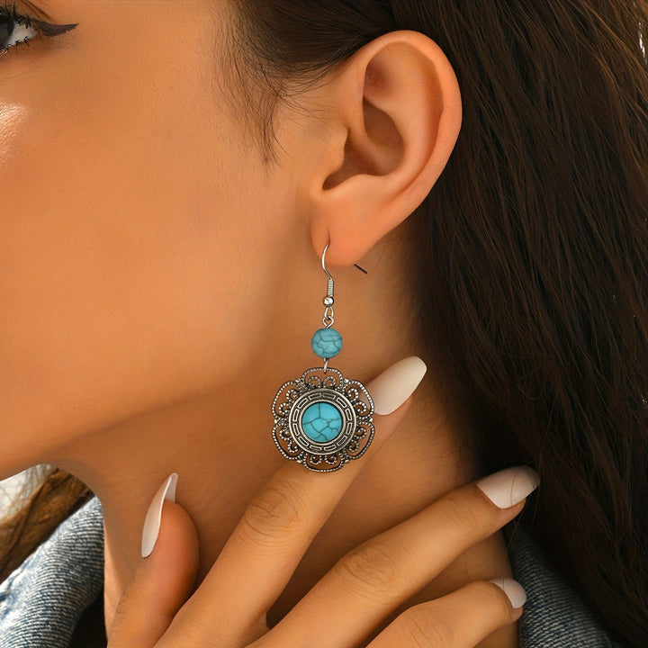 Vintage Boho Faux Turquoise Flower Drop Earrings