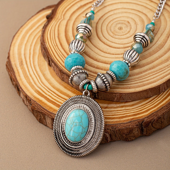 Bohemian Oval Turquoise Beaded Pendant Necklace