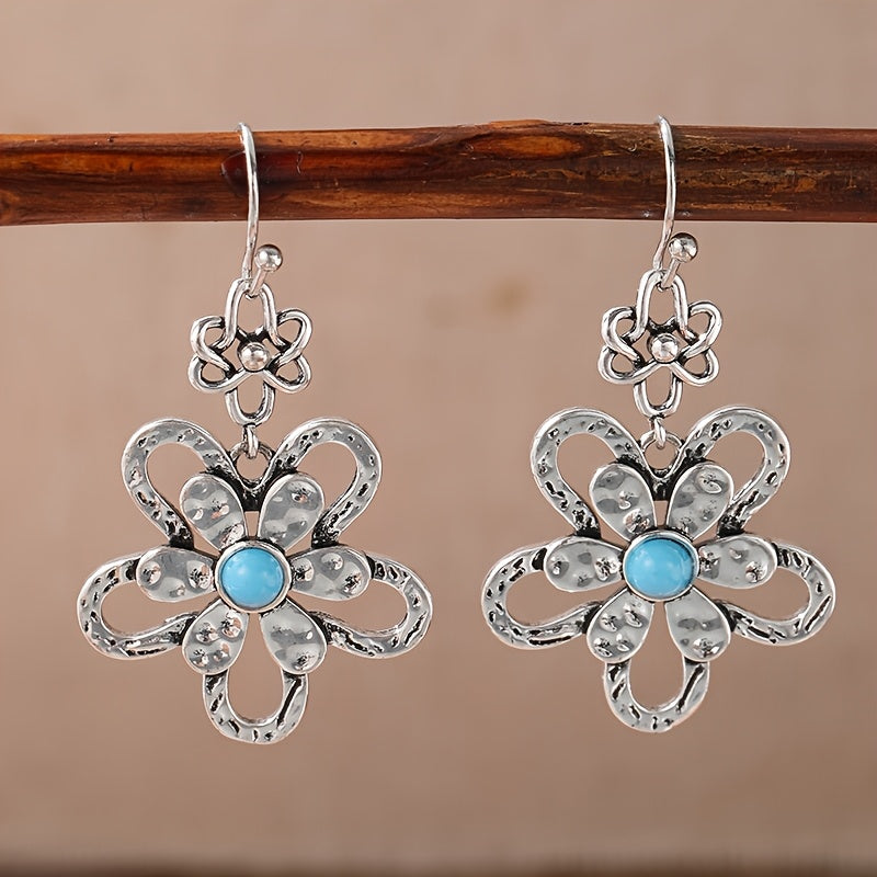 Vintage bohemien turkooizen bloem oorhangers