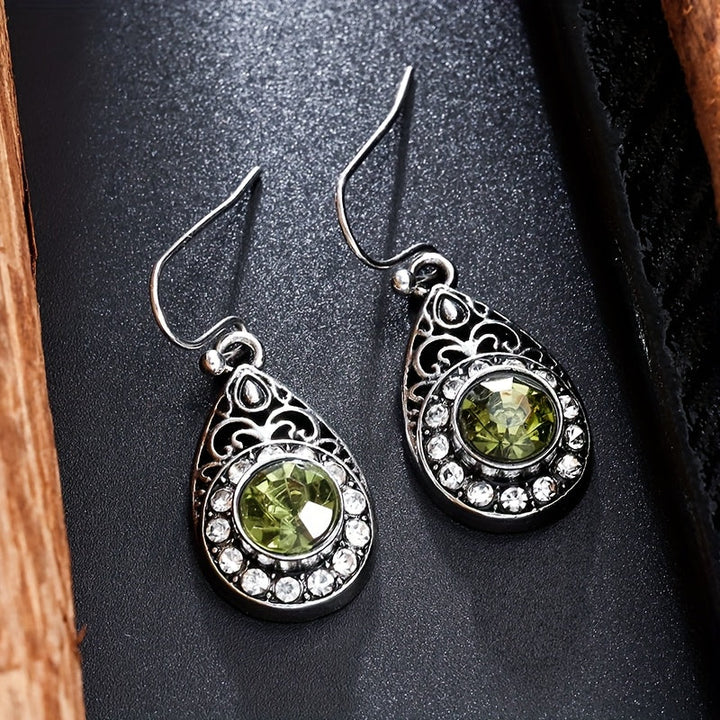 Retro Ethnic Style Water Droplet Green Zirconia Pendant Earrings