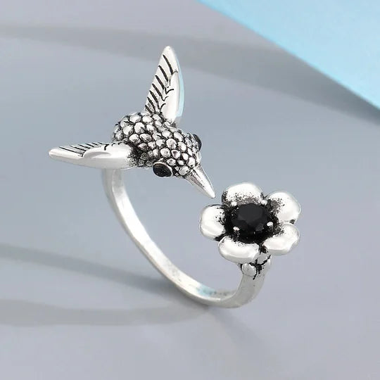 Vintage Adjustable Silver Plated Hummingbird & Flower Open Ring