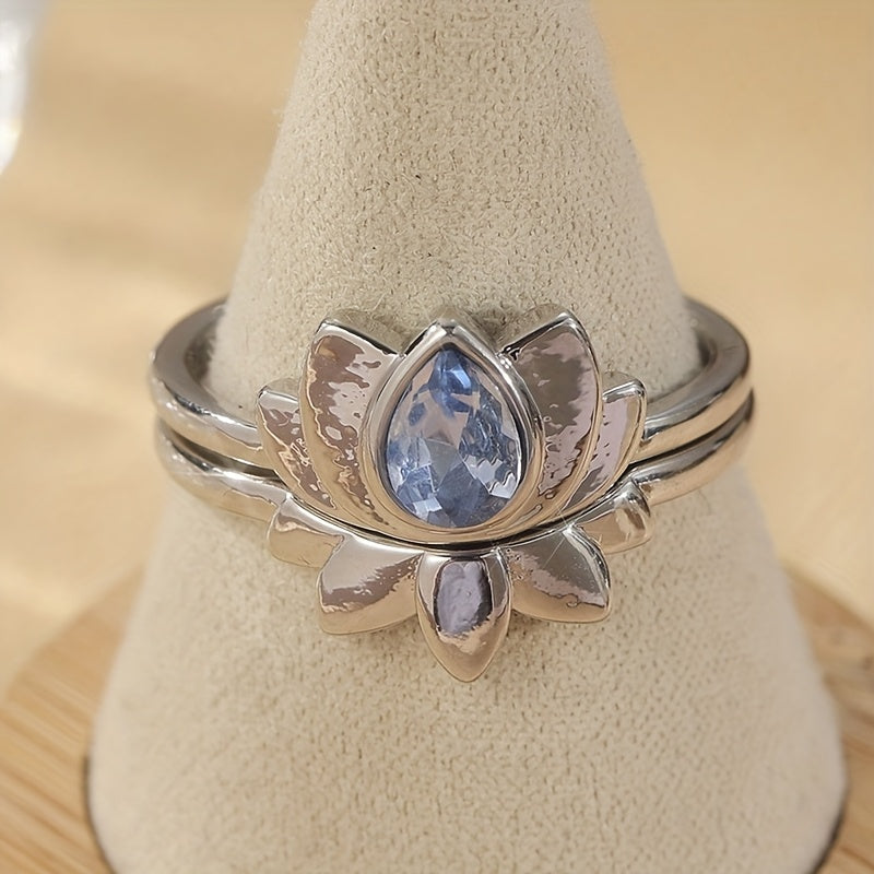 Vintage retro lotusbloem ring met druppelvormige zirkonia