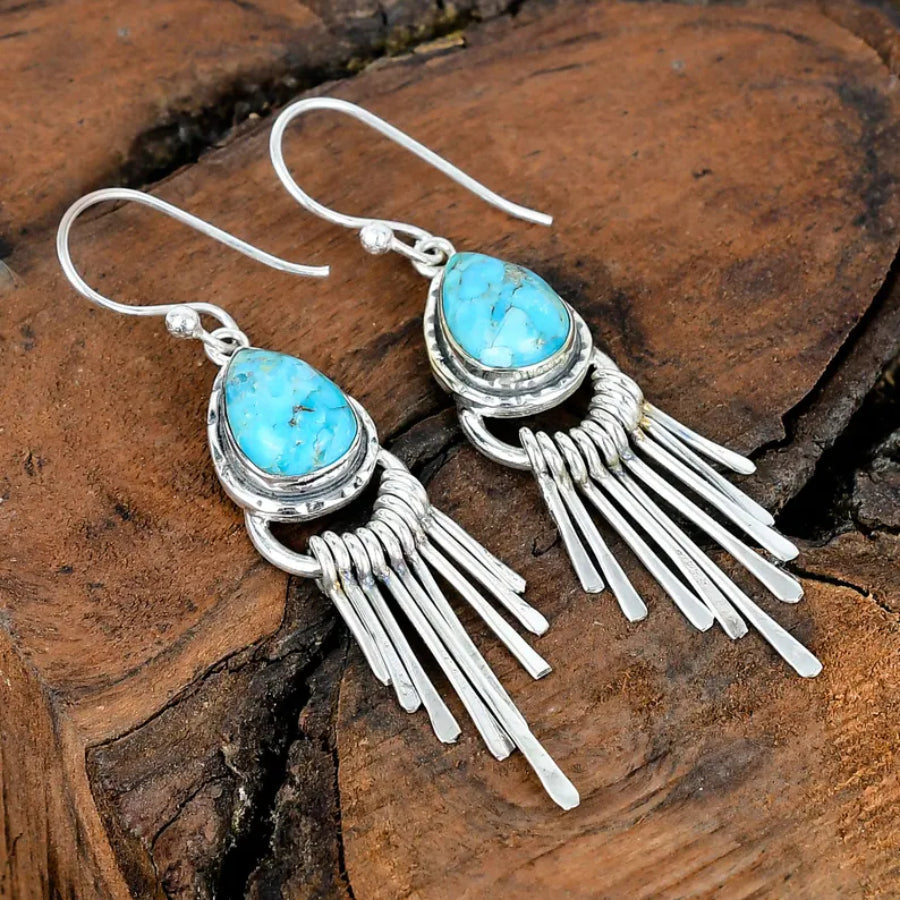 Vintage Bohemian Zinc Alloy Tassel Design Turquoise Long Earrings
