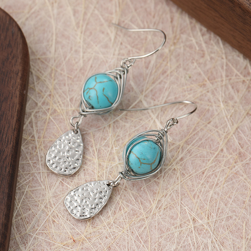 Elegant Retro Wire-Wrapped Turquoise Metal Pendant Earrings