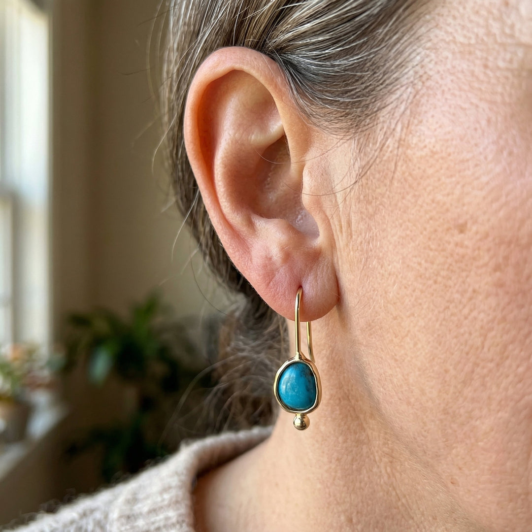 Retro Blue Geometric Gold Frame Drop Earrings
