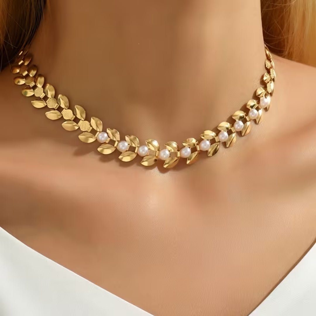 Golden Leaf Pearl Necklace