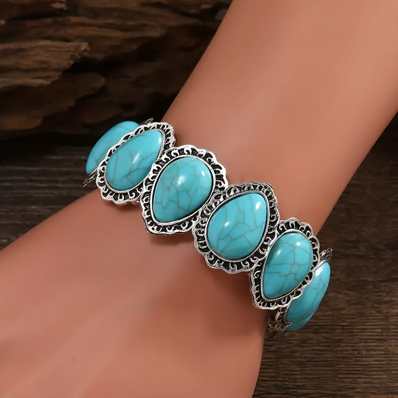 Vintage verzilverde statement armband met ovale turkoois