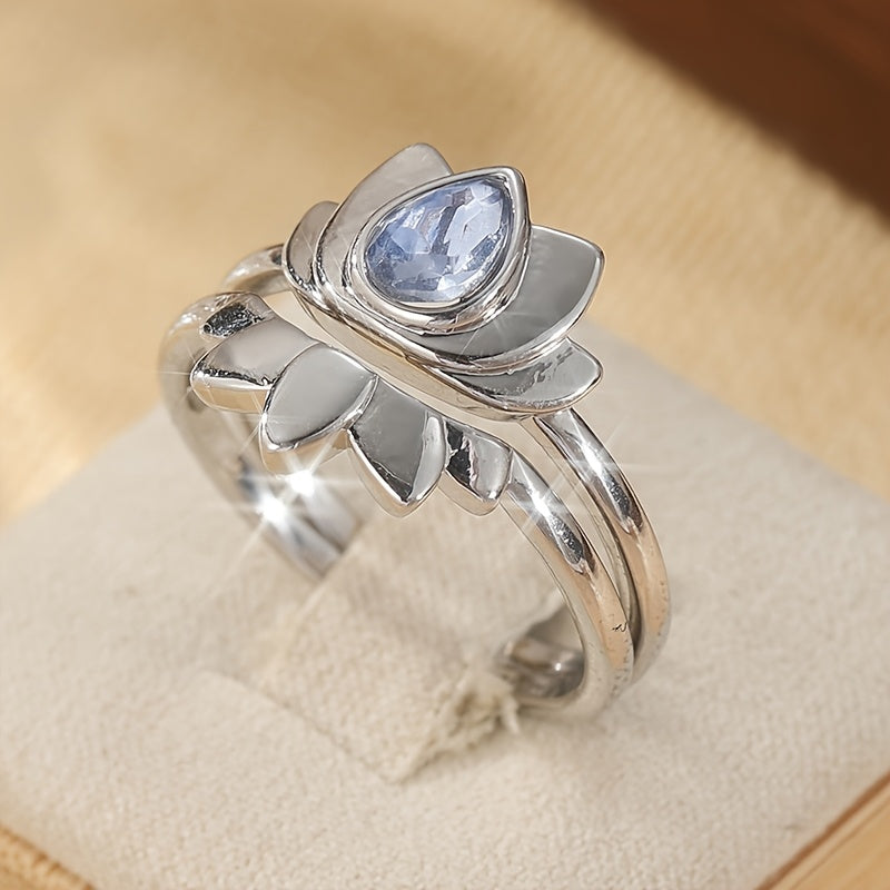 Vintage retro lotusbloem ring met druppelvormige zirkonia