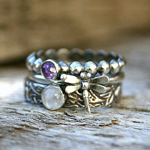 Vintage Handmade Dragonfly Purple Zirconia Ring