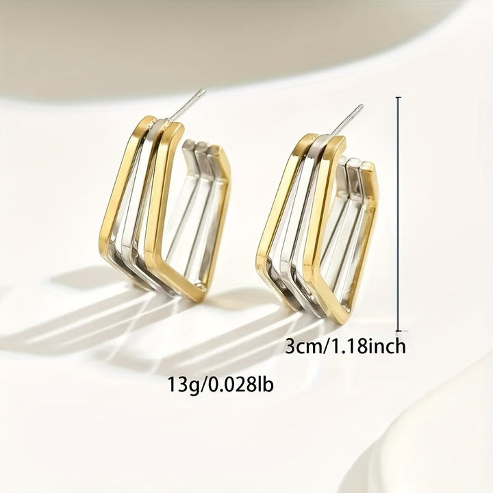 Casual Style Stainless Steel Two-Tone Square Hoop Earrings
