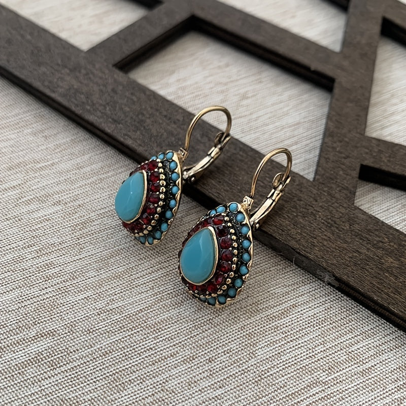 Vintage Turquoise Rhinestone Teardrop Resin Earrings